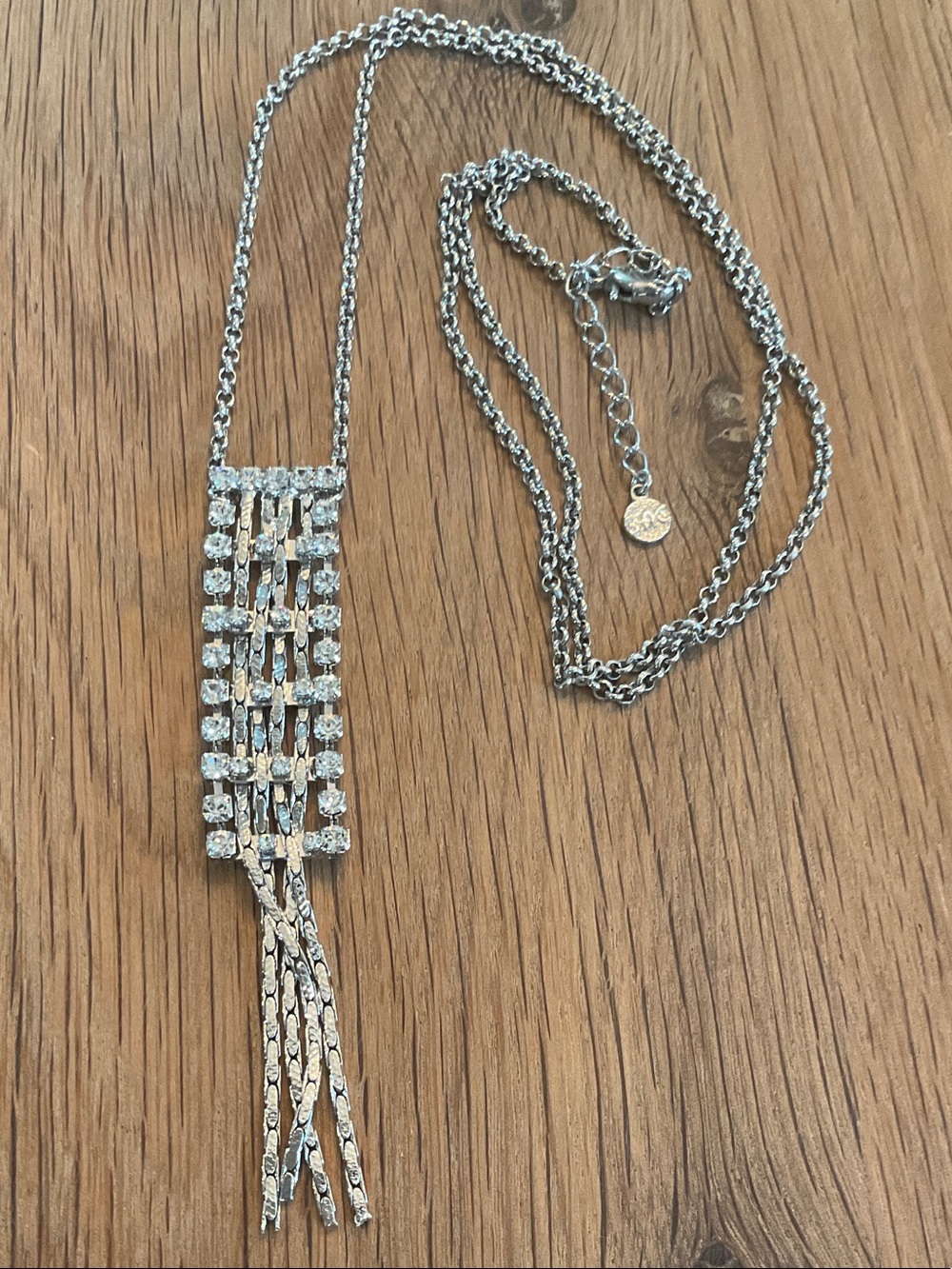 FAC Signed Silver Tone Rhinestone Waterfall Fringe Pendant Necklace
